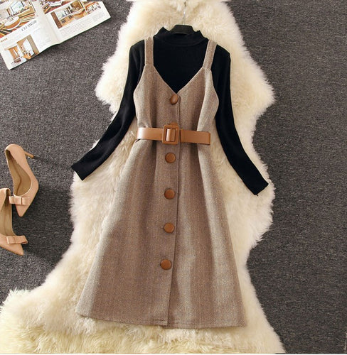 Spring Winter Elegant Women Strap Midi Dress Long Sleeve Slim Casual Dress Overalls A-Line Sashes Stripe Fashion Dress