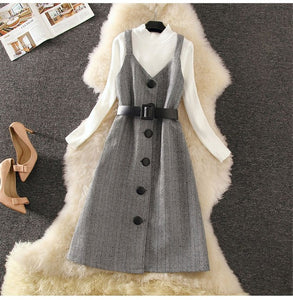 Spring Winter Elegant Women Strap Midi Dress Long Sleeve Slim Casual Dress Overalls A-Line Sashes Stripe Fashion Dress