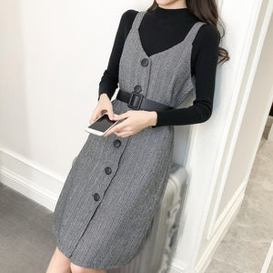 Spring Winter Elegant Women Strap Midi Dress Long Sleeve Slim Casual Dress Overalls A-Line Sashes Stripe Fashion Dress