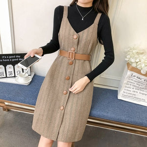 Spring Winter Elegant Women Strap Midi Dress Long Sleeve Slim Casual Dress Overalls A-Line Sashes Stripe Fashion Dress