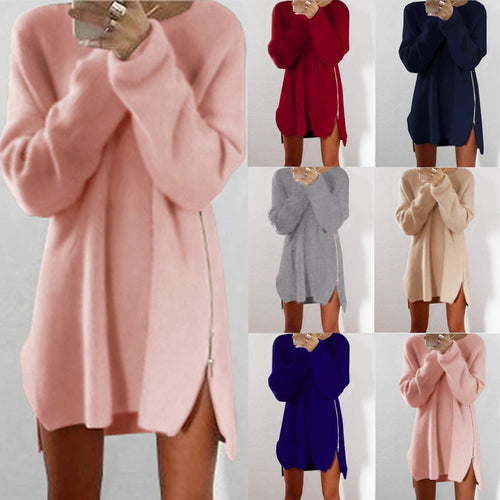 Autumn Winter Solid Knitted Cotton Sweater Dresses Women Fashion Loose O-neck Pullover Female Knitted Dress Vestidos