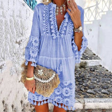 Charger l&#39;image dans la galerie, Summer Autumn Sexy V-Neck Boho Dress Tassel Hollow Out Mini Dresses Women 2019 New Bohemian Floral Printed Beach Dress Vestidos