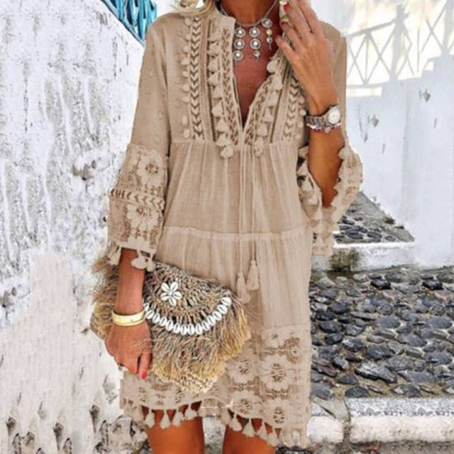 Summer Autumn Sexy V-Neck Boho Dress Tassel Hollow Out Mini Dresses Women 2019 New Bohemian Floral Printed Beach Dress Vestidos