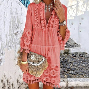 Summer Autumn Sexy V-Neck Boho Dress Tassel Hollow Out Mini Dresses Women 2019 New Bohemian Floral Printed Beach Dress Vestidos