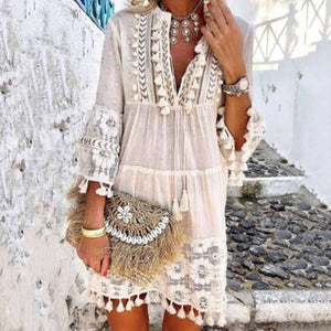 Summer Autumn Sexy V-Neck Boho Dress Tassel Hollow Out Mini Dresses Women 2019 New Bohemian Floral Printed Beach Dress Vestidos