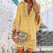 Charger l&#39;image dans la galerie, Summer Autumn Sexy V-Neck Boho Dress Tassel Hollow Out Mini Dresses Women 2019 New Bohemian Floral Printed Beach Dress Vestidos