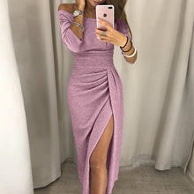 Charger l&#39;image dans la galerie, Long Sexy Off Shoulder Party Dress Women High Slit Bodycon Shein Dress Autumn Three Quarter Sleeve Bright Silk Shiny Dress