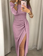 Charger l&#39;image dans la galerie, Long Sexy Off Shoulder Party Dress Women High Slit Bodycon Shein Dress Autumn Three Quarter Sleeve Bright Silk Shiny Dress