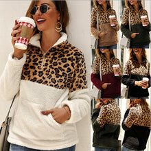 Charger l&#39;image dans la galerie, Women Fleece Sweatshirt Winter Casual Leopard Faux Fur Patchwork Fluffly Female Hoodies Warm Turtleneck Zipper Thick Sherpa Tops