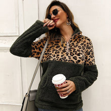 Charger l&#39;image dans la galerie, Women Fleece Sweatshirt Winter Casual Leopard Faux Fur Patchwork Fluffly Female Hoodies Warm Turtleneck Zipper Thick Sherpa Tops