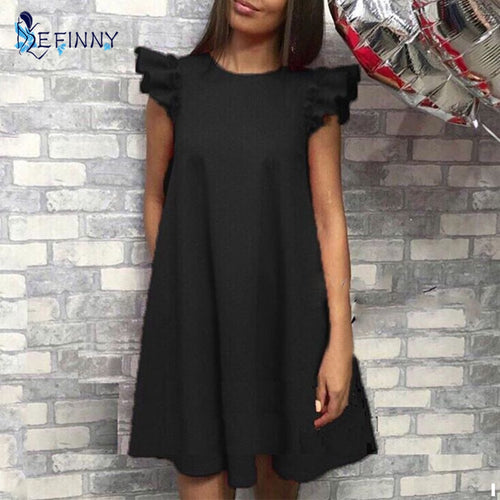 EFINNY Women Ruffle shoulder summer dress Vintage A-Line Loose short dresses Female Vestidos