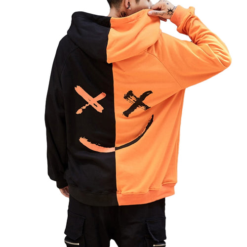 Harajuku Smile Print Mens Sweatshirts Hoodies Hip Hop Streetwear Sweatshirt Male Orange Black Red Block Hooded Hoddies Men Emoji