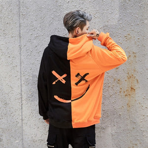 Harajuku Smile Print Mens Sweatshirts Hoodies Hip Hop Streetwear Sweatshirt Male Orange Black Red Block Hooded Hoddies Men Emoji