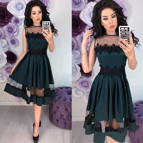 Women Vintage Lace Patchwork A Line Party Dress Sleeveless O Neck Knee-Length Dress 2019 New Summer Sexy Elegant Women Dresses